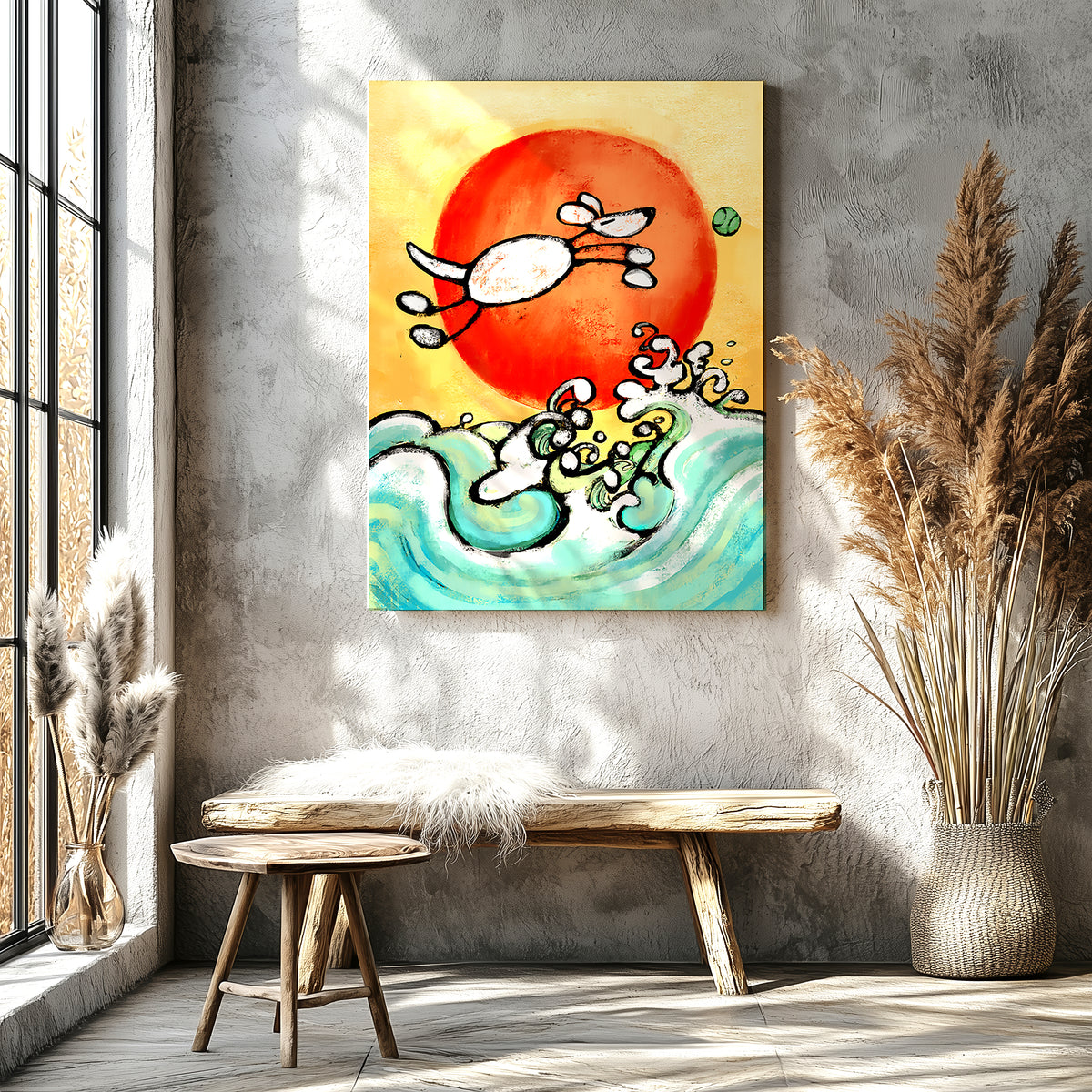 Dog leaping into ocean waves in vintage Japanese woodblock art style, bold dog art print