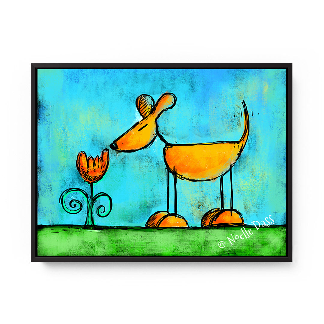 The Little Things That Bring Joy - Dog Sniffing Flower Canvas / 11x14 / Black Floating Frame