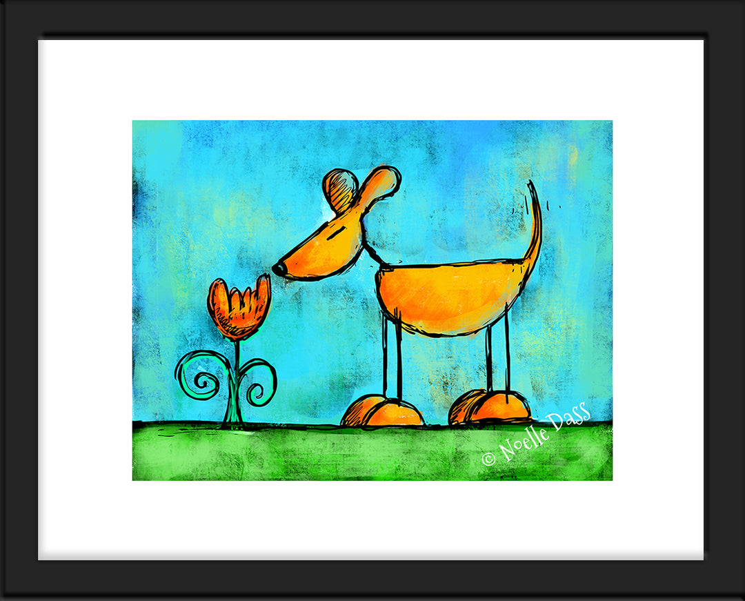 The Little Things That Bring Joy - Dog Sniffing Flower Paper / 11x14 with white border/image is 8x10 / Black Frame