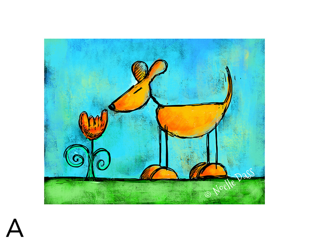 The Little Things That Bring Joy - Dog Sniffing Flower A. 11x14 in. archival paper with white border - image is 8x10