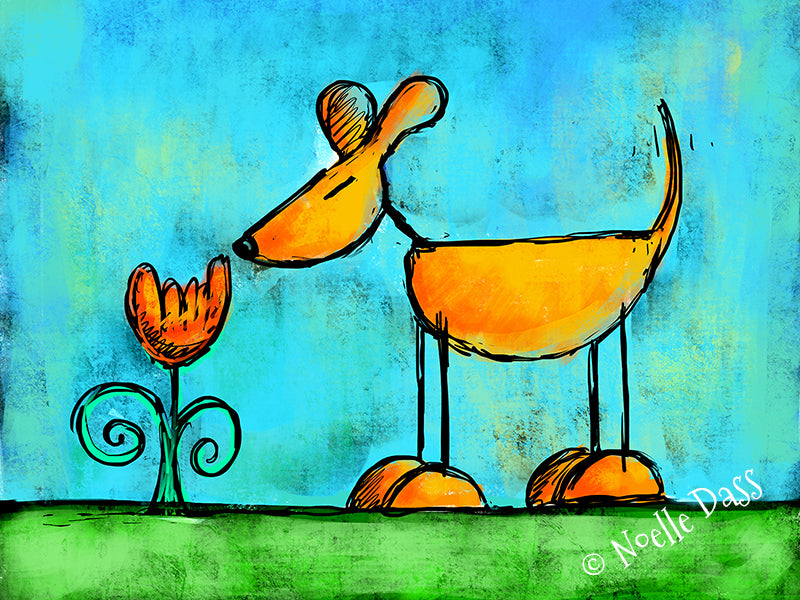 Dog sniffing a flower with total delight, sweet mindful dog art print