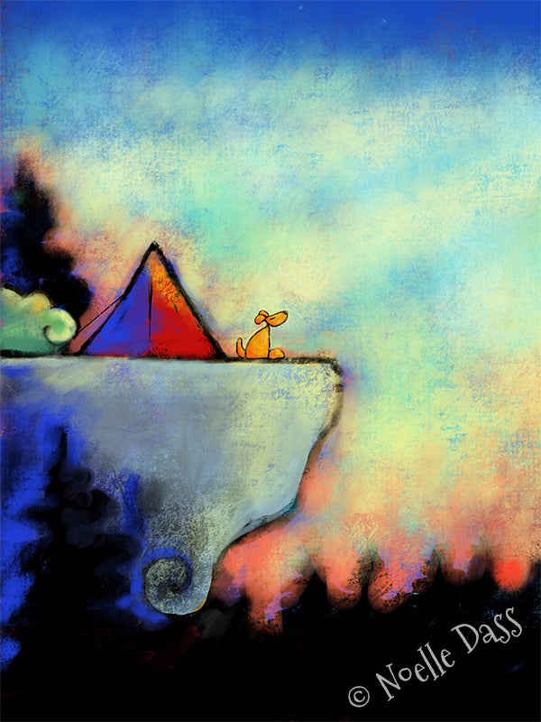 Dog on cliff with tent watching mountain sunrise, golden outdoor dog art print