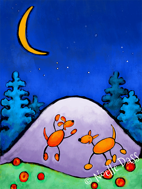 Dogs playing together in a colorful mountain landscape, joyful dog art print