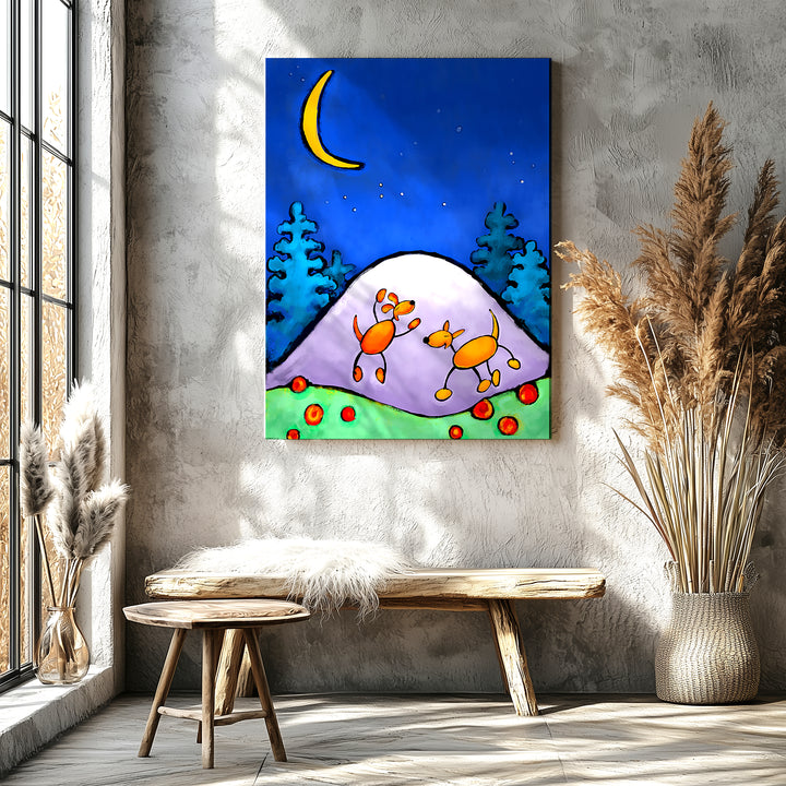 Dogs playing together in a colorful mountain landscape, joyful dog art print