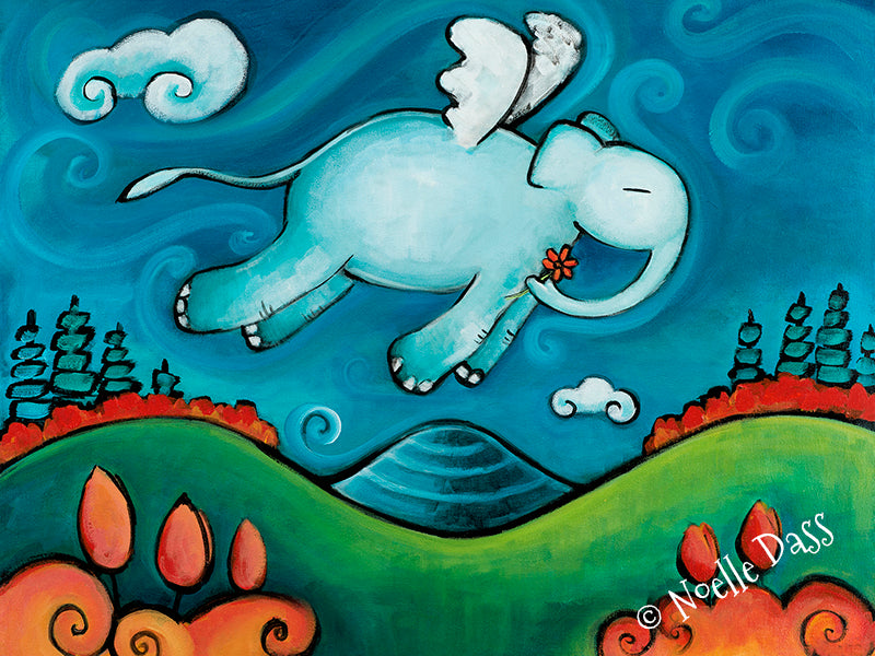 Elephant searching through a colorful magical jungle, warm elephant art print