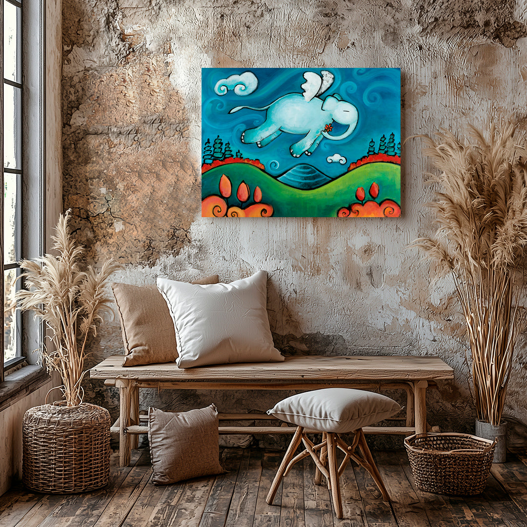 Elephant searching through a colorful magical jungle, warm elephant art print