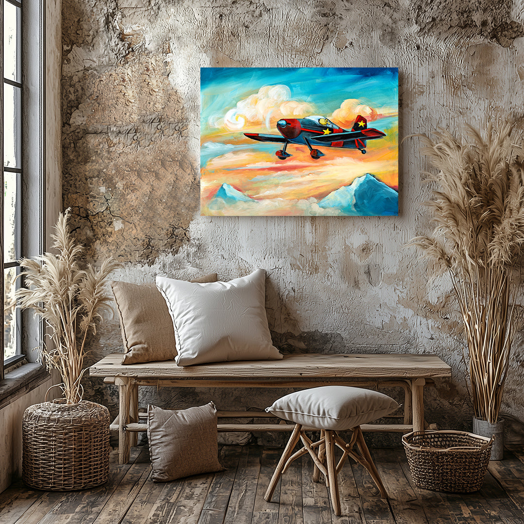 Dog piloting a Vans RV6 aircraft through blue sky, colorful aviation dog art print