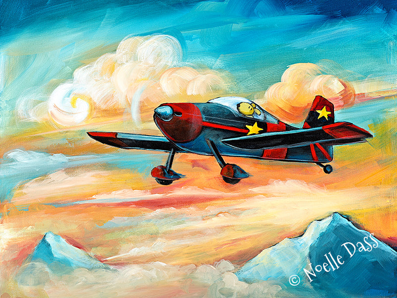 Dog piloting a Vans RV6 aircraft through blue sky, colorful aviation dog art print