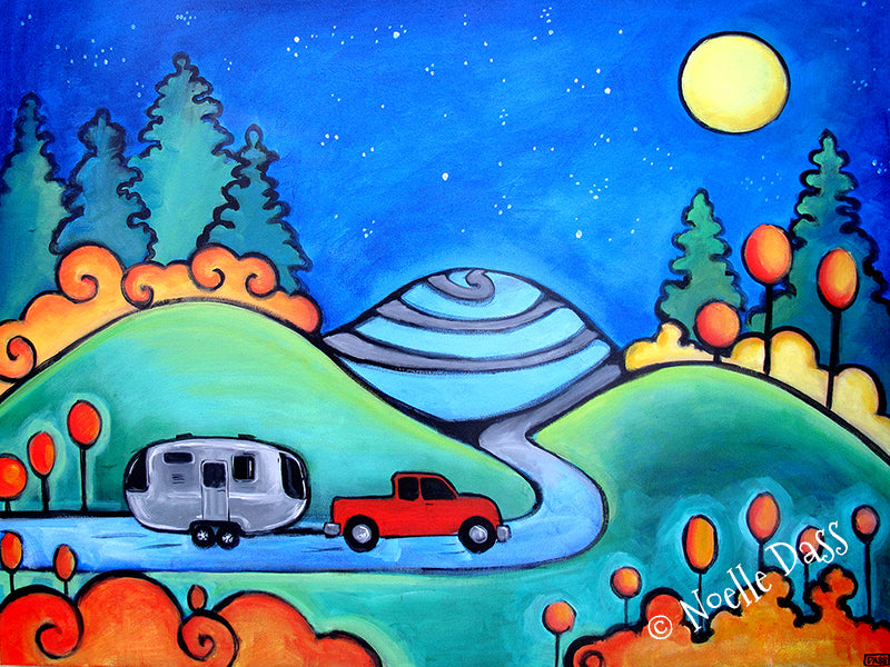 Red truck and Airstream camper on the road, colorful camping art print