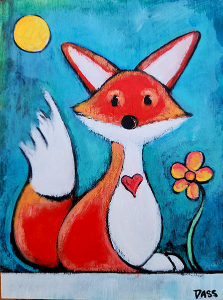 Fox and Flower Original 6x8 Acrylic on wood