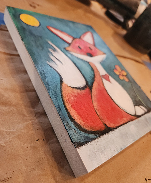 Fox and Flower Original 6x8 Acrylic on wood
