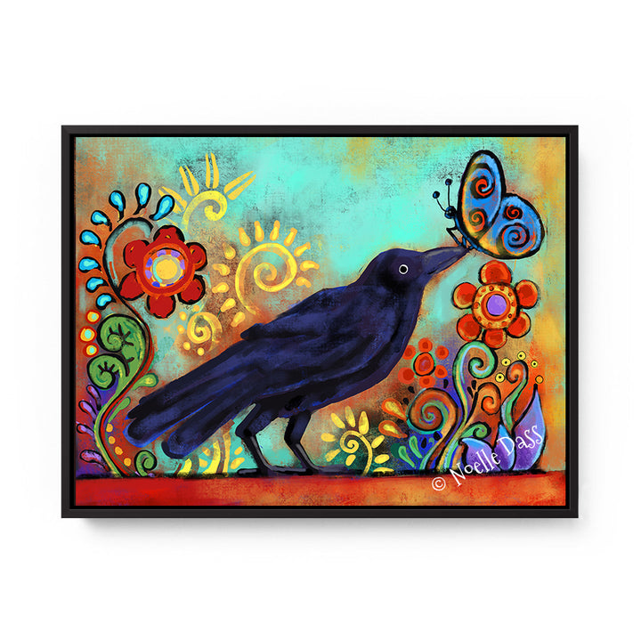 Winged Companions -  Raven and Butterfly Canvas / 11x14 / Black Floating Frame