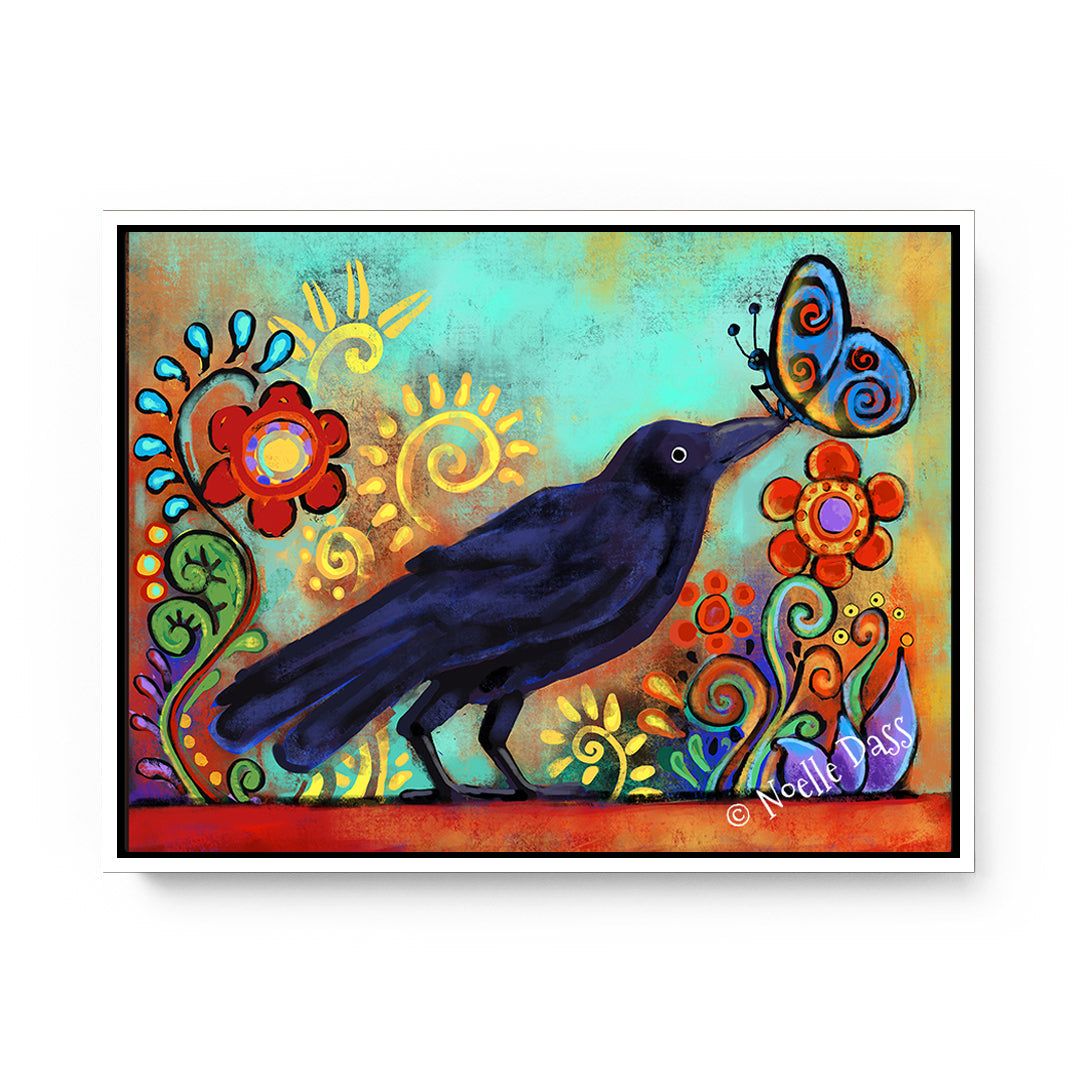 Winged Companions -  Raven and Butterfly Canvas / 11x14 / White Floating Frame