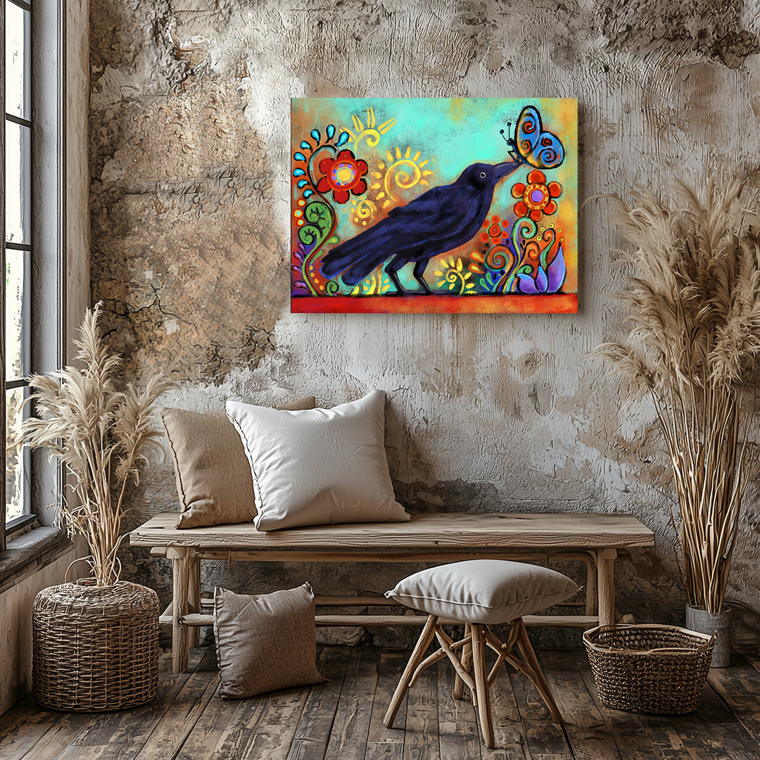Raven and butterfly together among flowers, colorful winged companions art print