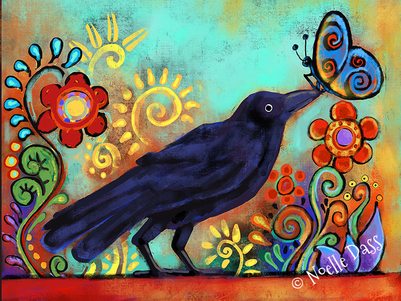 Raven and butterfly together among flowers, colorful winged companions art print