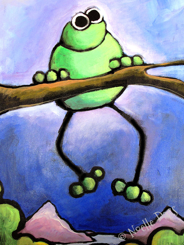 Frog standing still admiring a colorful scenic landscape view, peaceful frog art print