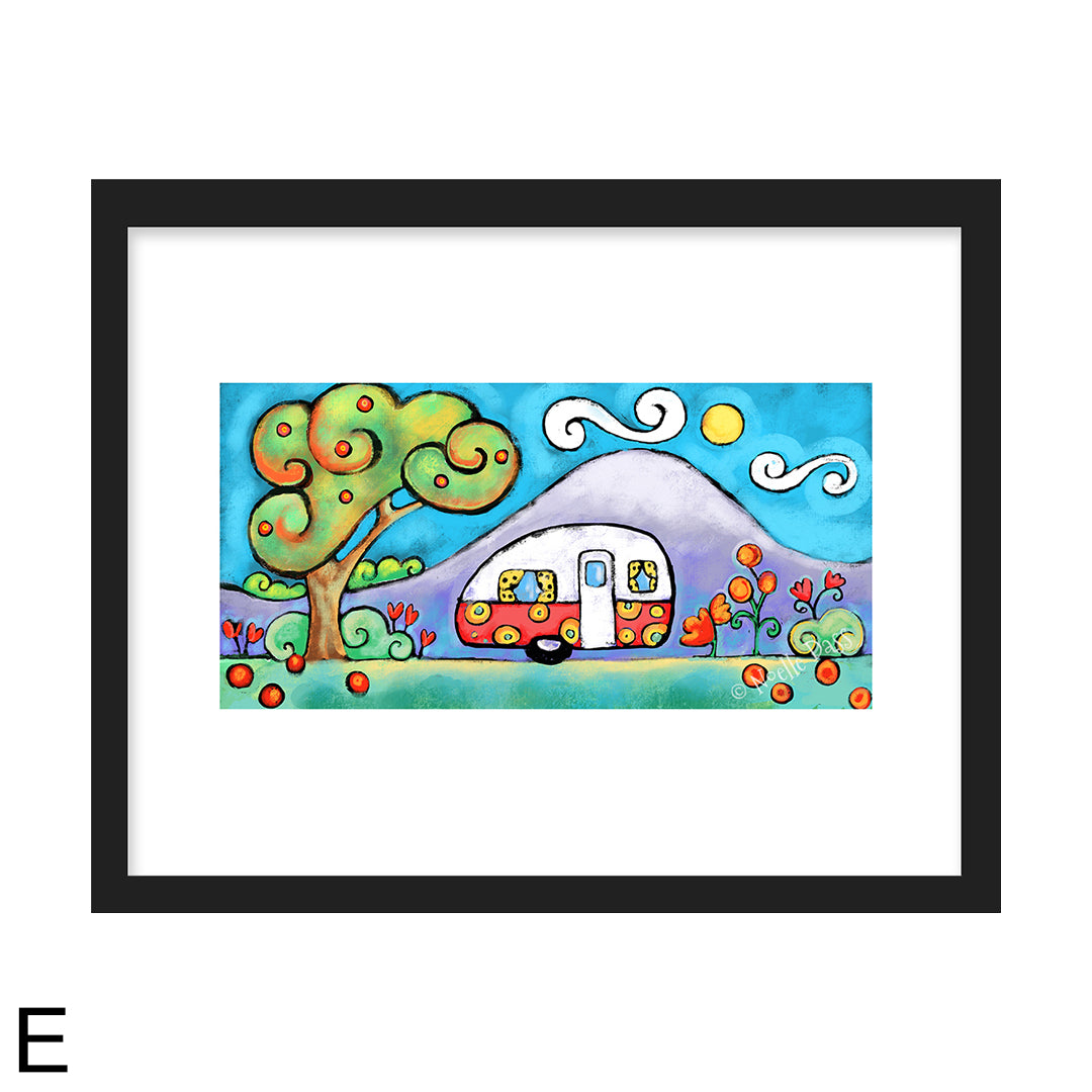 Camper Fun 11x14 matted art print in a black frame by Noelle Dass