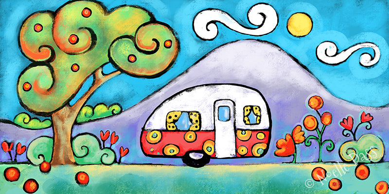 Colorful vintage camper RV on the road, retro camping art print