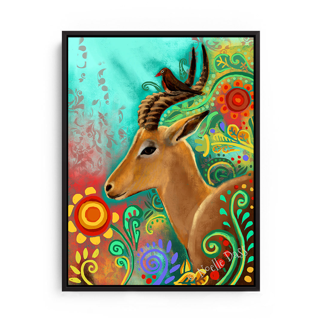 Gazelle and Bird Friends Canvas / 11x14 / Black Floating Frame