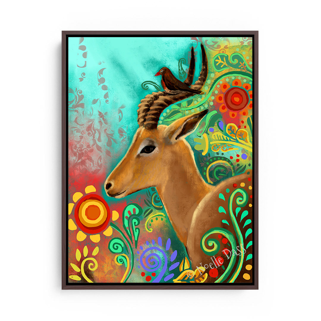 Gazelle and Bird Friends Canvas / 11x14 / Espresso Floating Frame