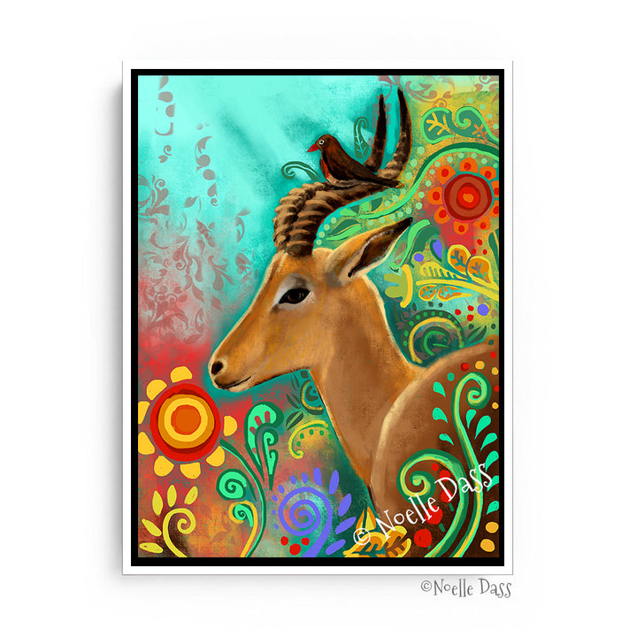 Gazelle and Bird, FRIENDSHIP SERIES Canvas / 11x14 / White Floating Frame