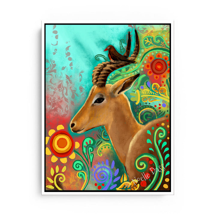 Gazelle and Bird Friends Canvas / 11x14 / White Floating Frame