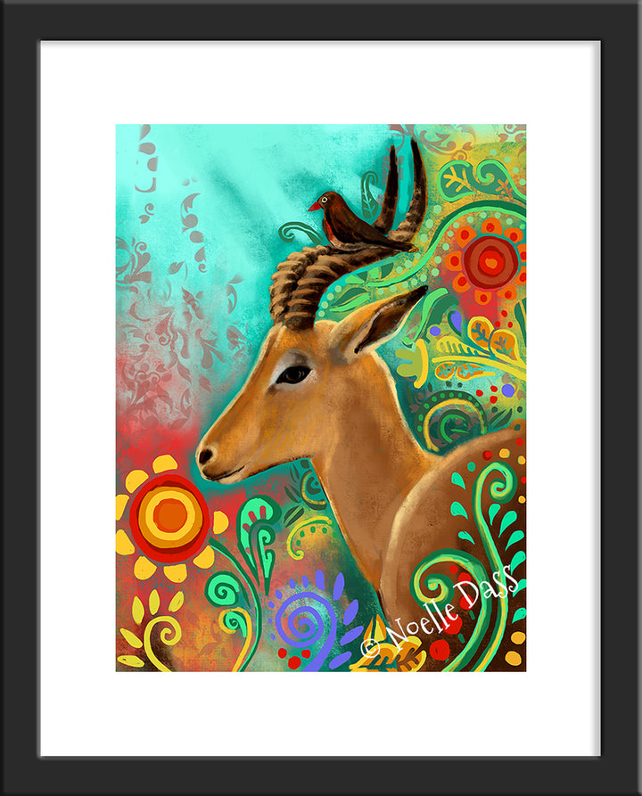 Gazelle and Bird, FRIENDSHIP SERIES Paper / 11x14 with white border/image is 8x10 / Black Frame