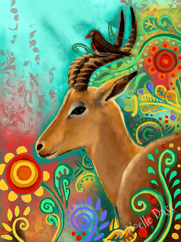 Gazelle and bird as friends together in a colorful scene, animal friendship art print