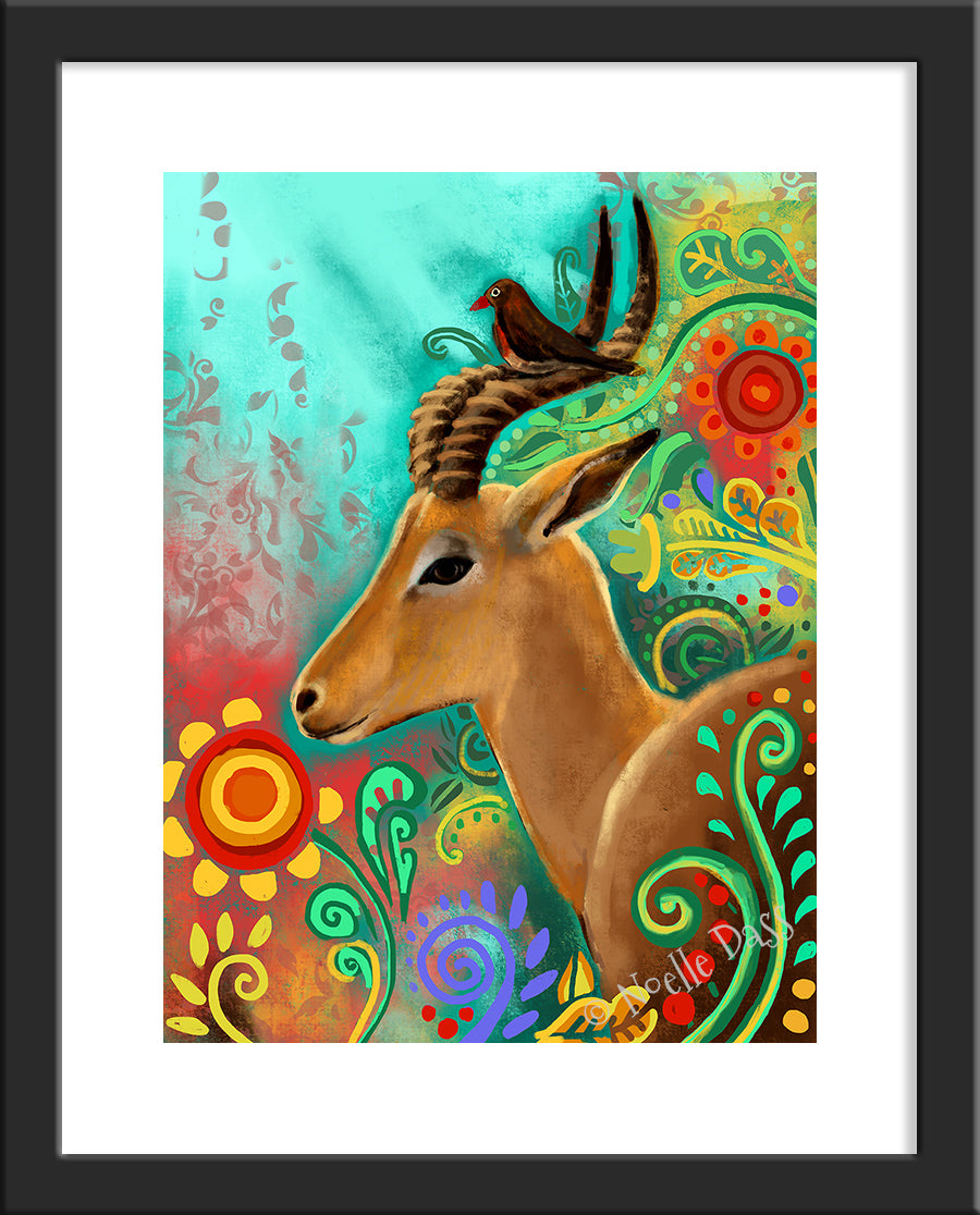 Gazelle and Bird Friends Paper / 11x14 with white border/image is 8x10 / Black Frame