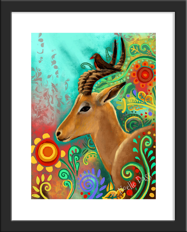 Gazelle and Bird Friends Paper / 11x14 with white border/image is 8x10 / Black Frame