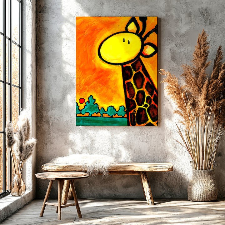 Colorful giraffe in a lush tropical landscape, vibrant giraffe art print