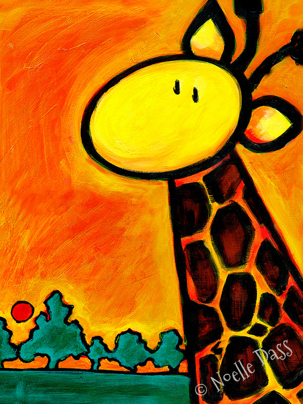 Colorful giraffe in a lush tropical landscape, vibrant giraffe art print