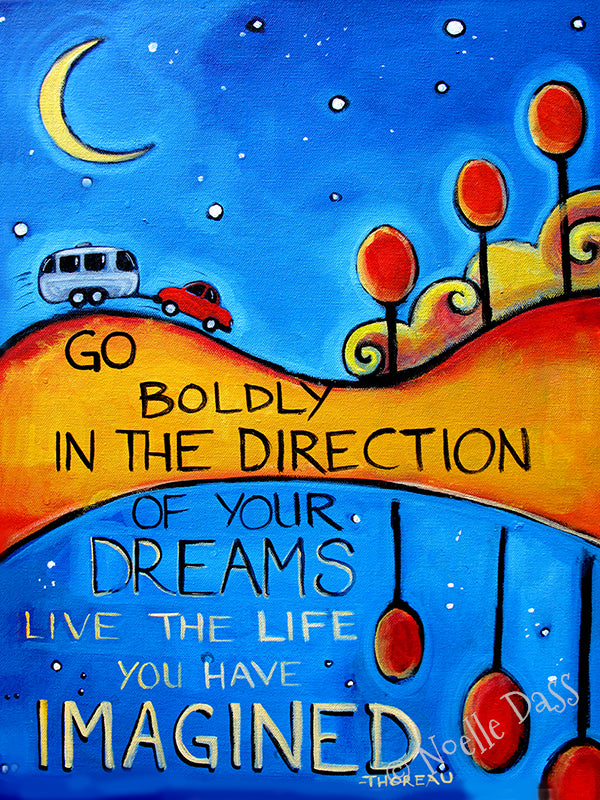 Airstream camper with Thoreau go boldly in the direction of your dreams quote, colorful art print