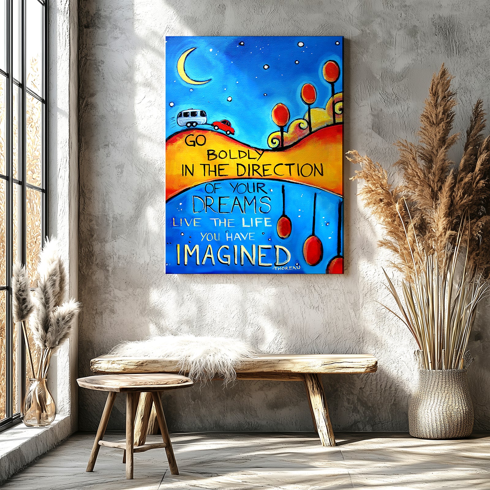Airstream camper with Thoreau go boldly in the direction of your dreams quote, colorful art print