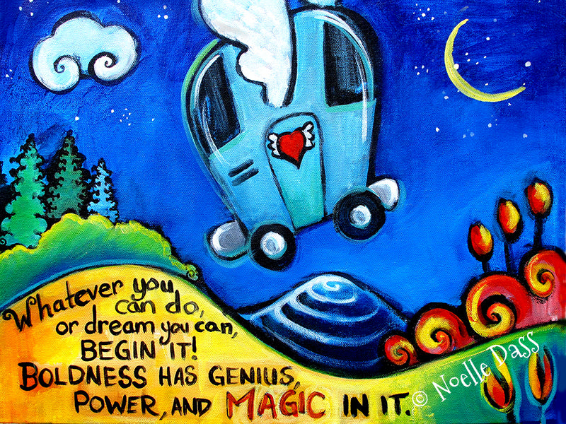 Airstream camper under night sky with Goethe boldness quote, inspirational camping art print
