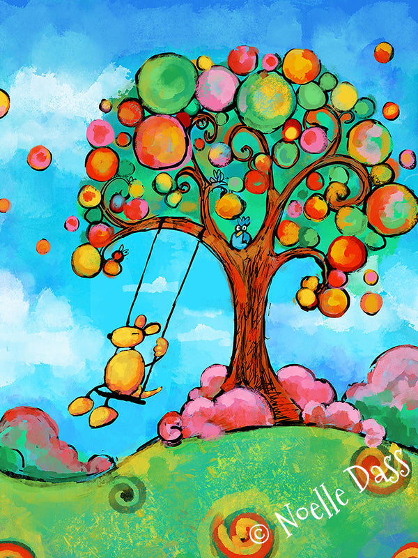 Happy dog swinging on a swing with pure joy, colorful dog art print