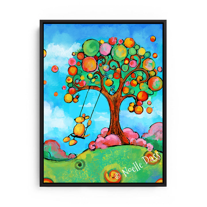 Happiness (Dog on Swing) Canvas / 24x30 / Black Floating Frame