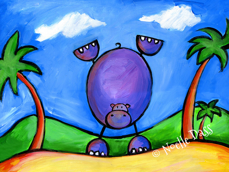 Hippo doing a handstand on the beach, funny colorful hippo art print