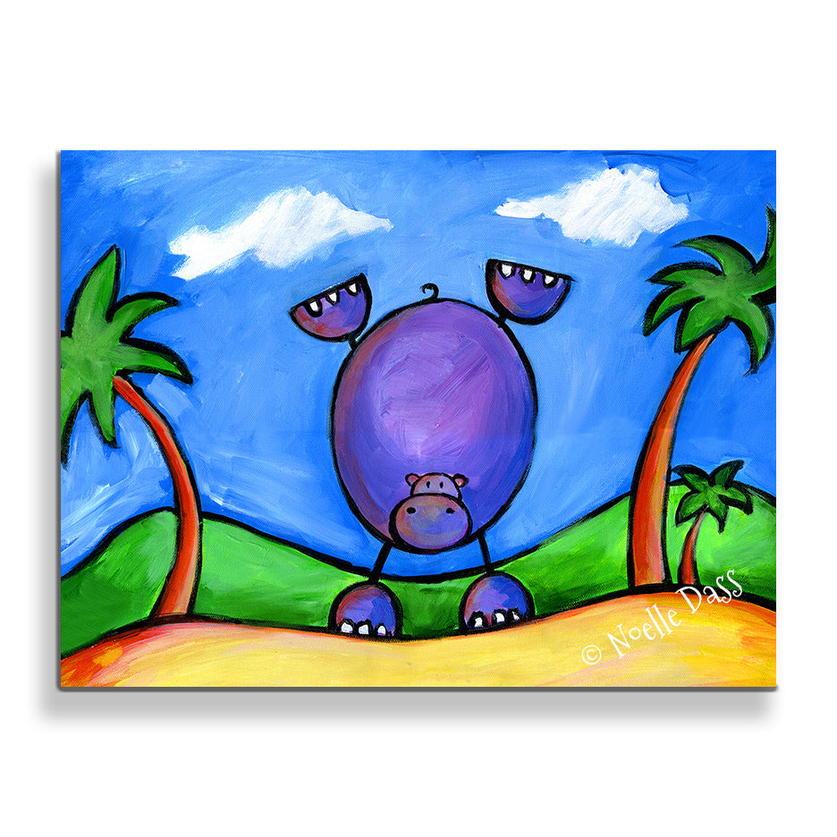 Hippo Doing Handstand on the Beach Canvas / 11x14 / Unframed