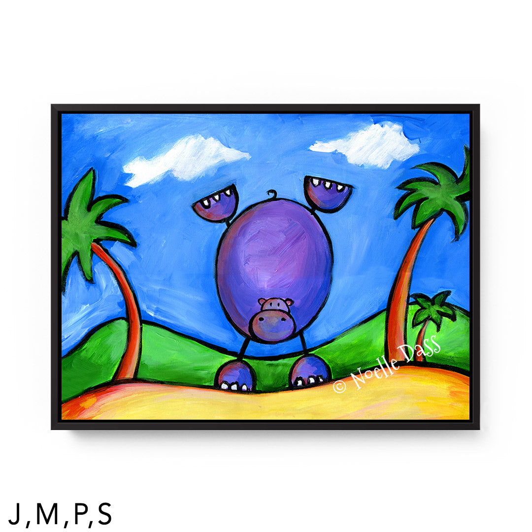 Hippo Doing Handstand on the Beach S: Framed Canvas - Black 30x40 in.