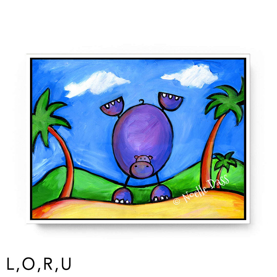 Hippo Doing Handstand on the Beach U: Framed Canvas - White 30x40 in.