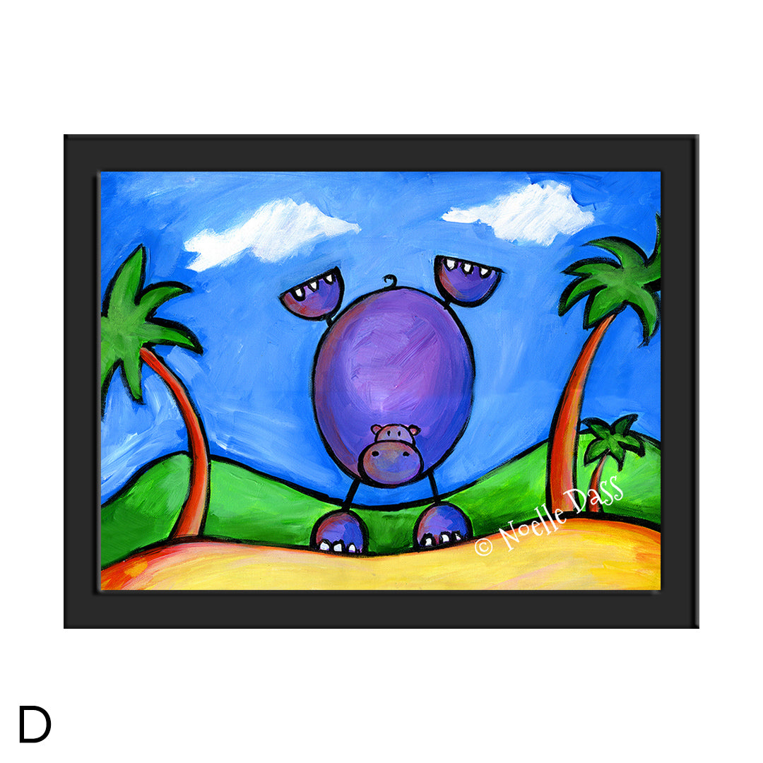 Hippo Doing Handstand on the Beach D. Framed 6x8 in. paper