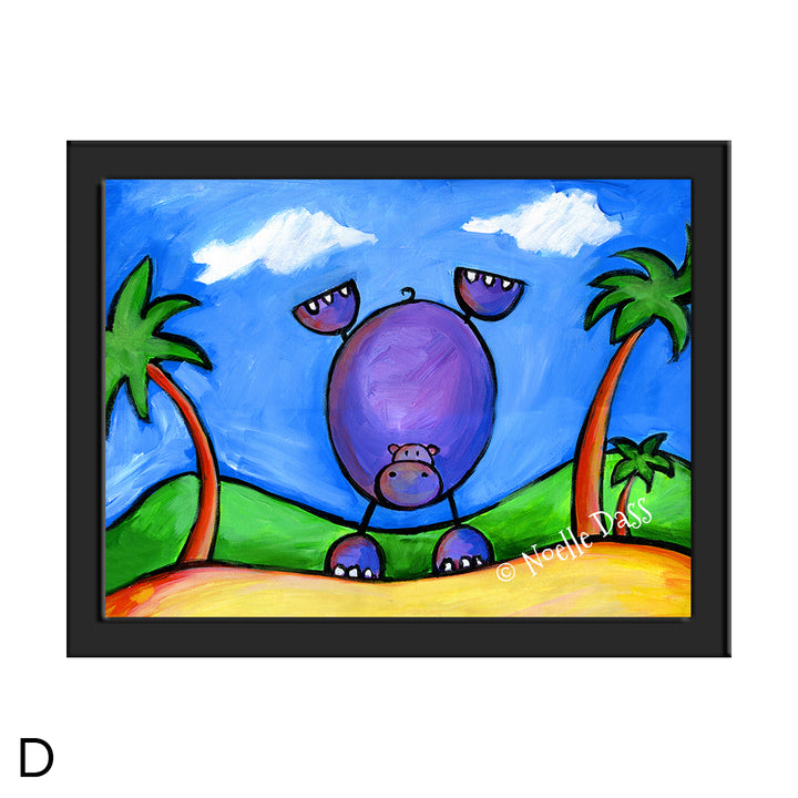 Hippo Doing Handstand on the Beach D. Framed 6x8 in. paper