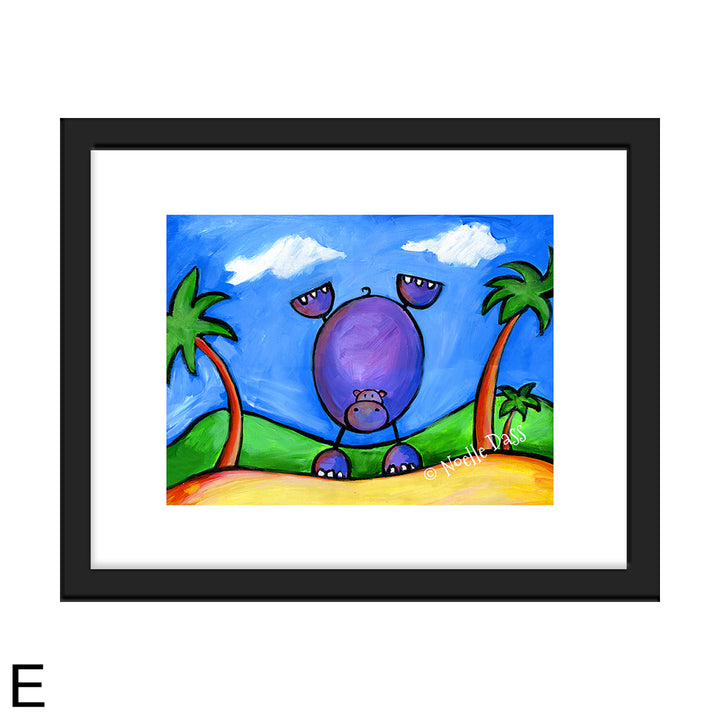 Hippo Doing Handstand on the Beach E. Framed 11x14 paper with white border