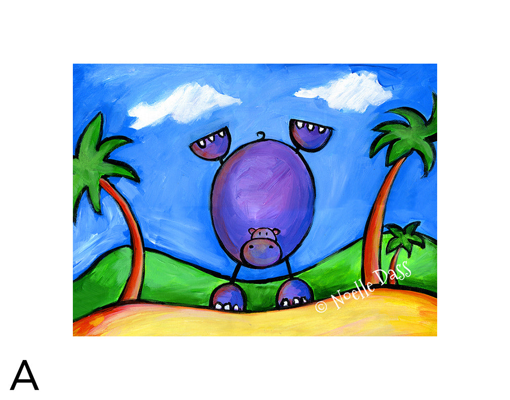 Hippo Doing Handstand on the Beach A. 11x14 in. archival paper with white border - image is 8x10