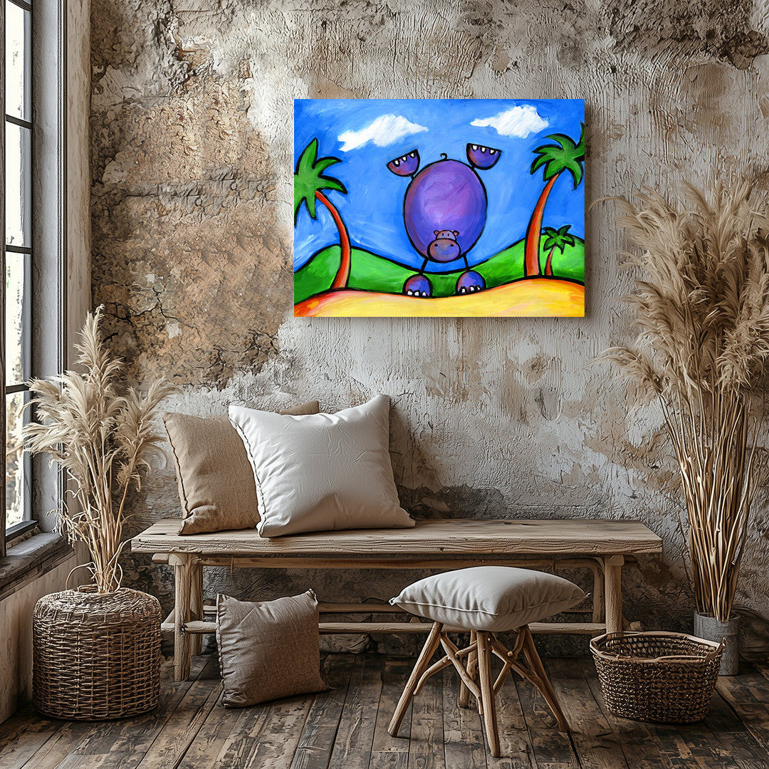 Hippo doing a handstand on the beach, funny colorful hippo art print