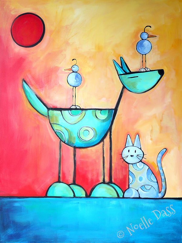 Dog cat and bird together as friends, colorful animal friendship art print