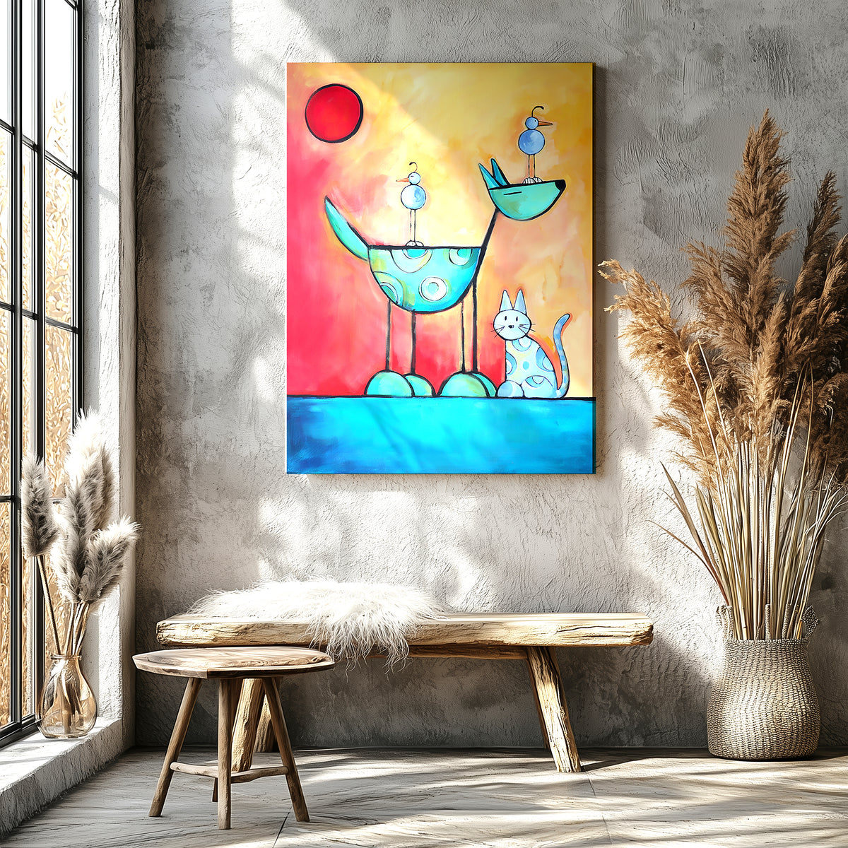 Dog cat and bird together as friends, colorful animal friendship art print