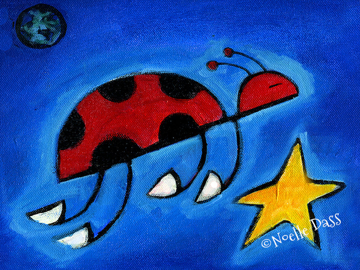 Ladybug carrying a wish through a starry night sky, dreamy magical art print