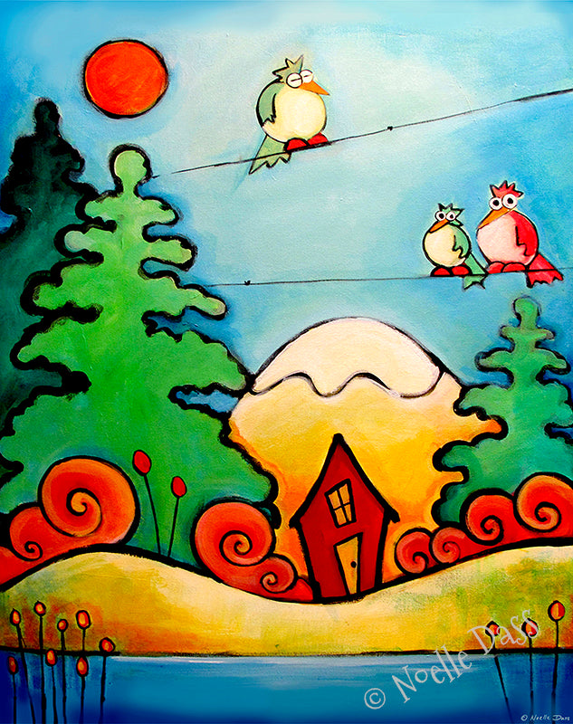 Colorful birds around a cozy cabin in the woods, peaceful woodland art print